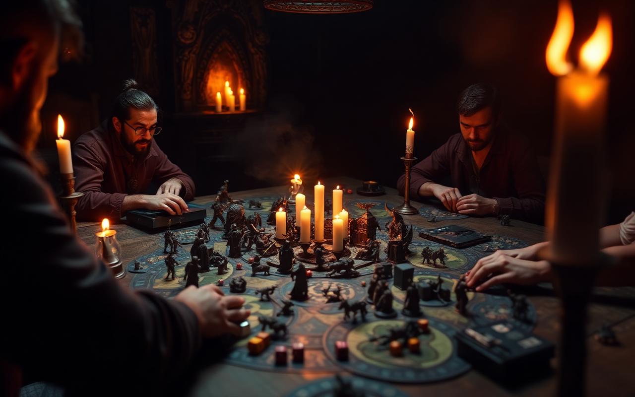 Campaign group around a candlelit table with terrain