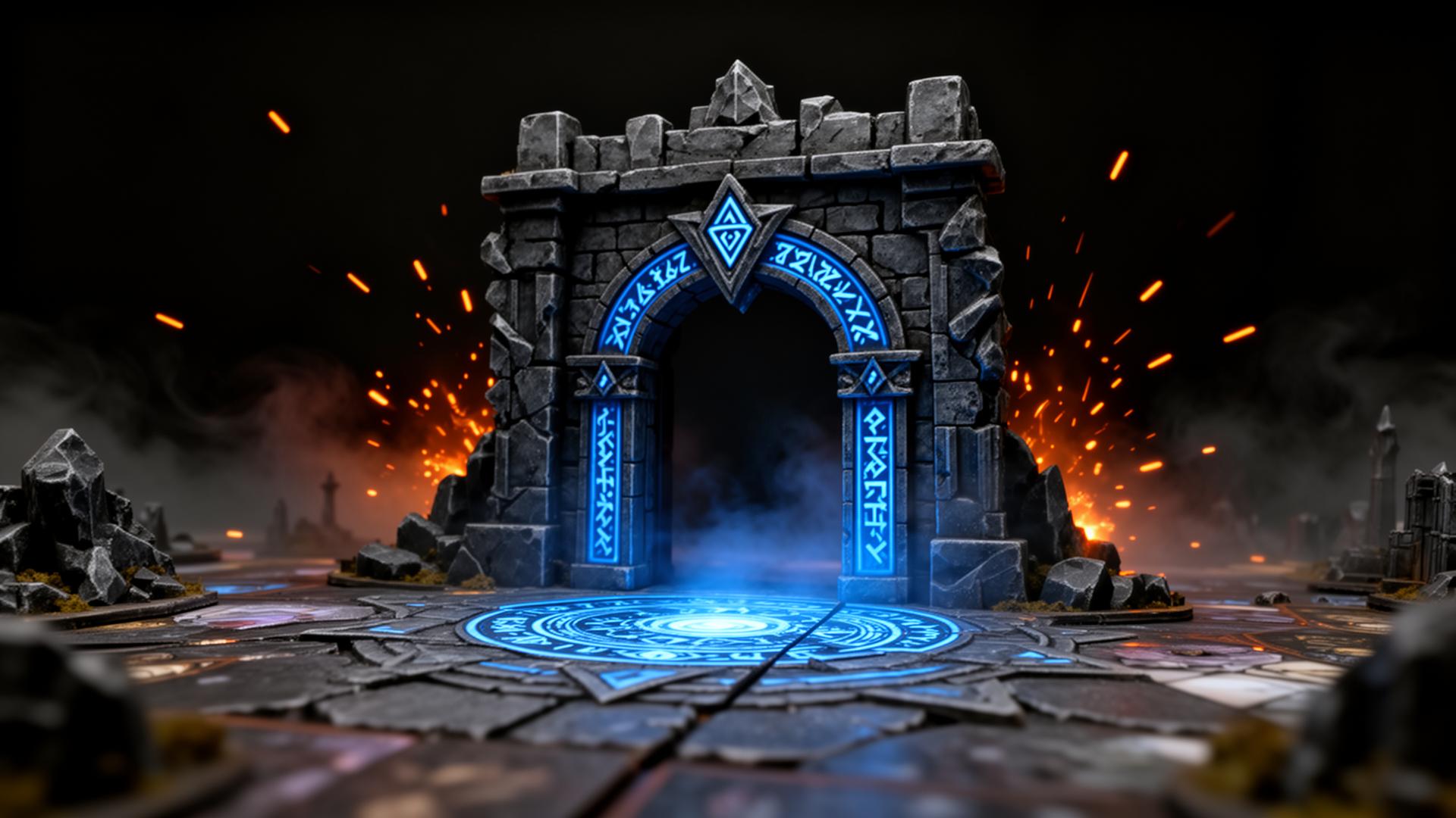 Cinematic 2D printed fantasy dungeon entrance with glowing arcane runes and floating embers